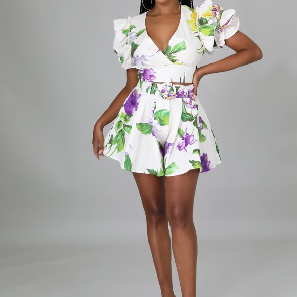 White and Purple Multi-Colored Short Set